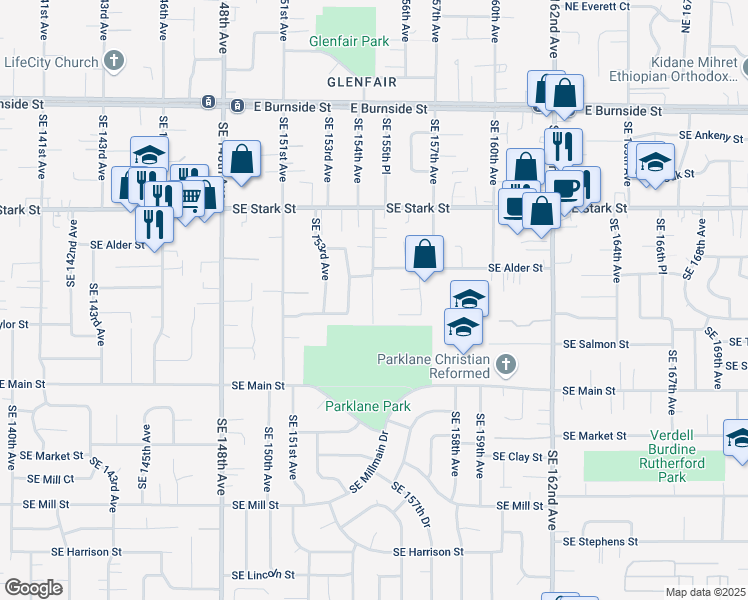 map of restaurants, bars, coffee shops, grocery stores, and more near 15540 Southeast Yamhill Street in Portland