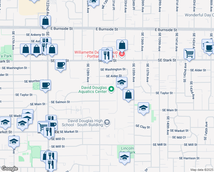 map of restaurants, bars, coffee shops, grocery stores, and more near 13030 Southeast Taylor Court in Portland