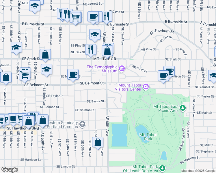 map of restaurants, bars, coffee shops, grocery stores, and more near 1001 Southeast 60th Avenue in Portland