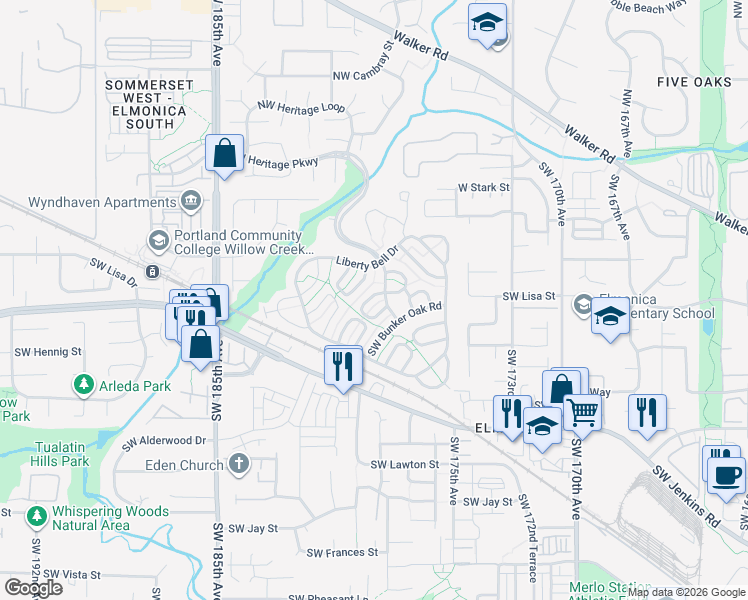 map of restaurants, bars, coffee shops, grocery stores, and more near 470 Southwest Boston Way in Beaverton