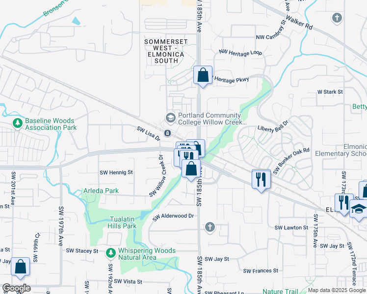 map of restaurants, bars, coffee shops, grocery stores, and more near 18665 Southwest Hennig Court in Aloha