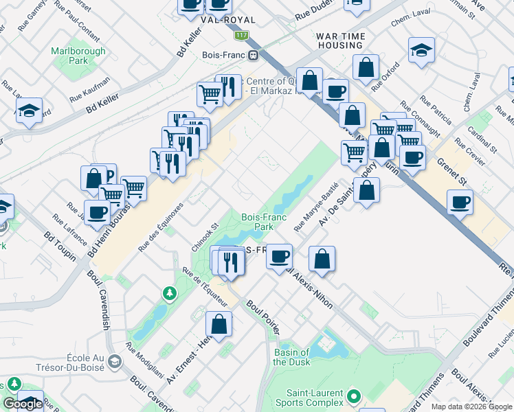 map of restaurants, bars, coffee shops, grocery stores, and more near 2189 Rue des Montérégiennes in Montréal