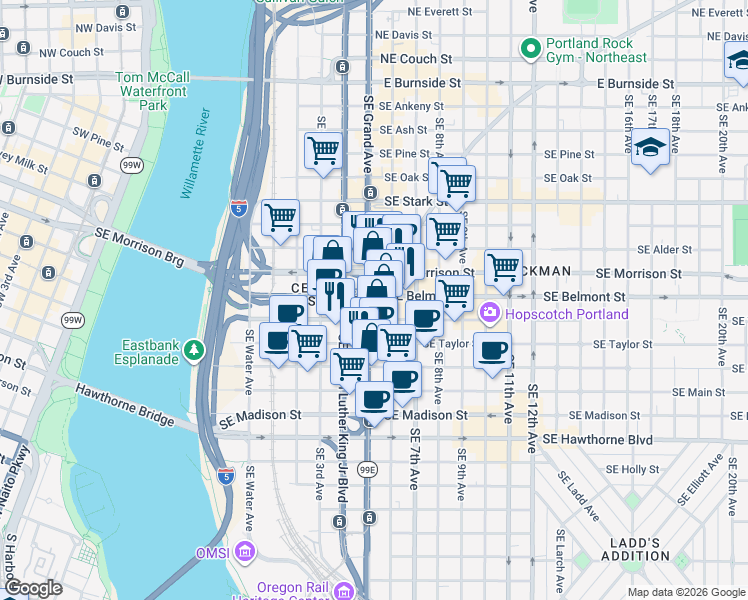 map of restaurants, bars, coffee shops, grocery stores, and more near 514 Southeast Belmont Street in Portland