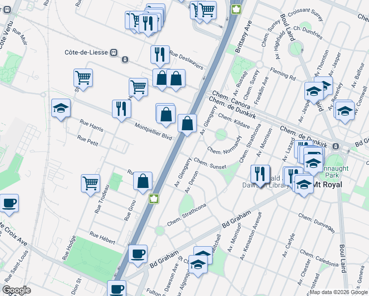 map of restaurants, bars, coffee shops, grocery stores, and more near 2445 Sunset Road in Mount Royal