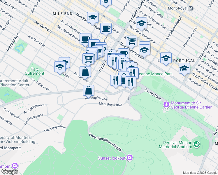 map of restaurants, bars, coffee shops, grocery stores, and more near 472 Avenue Villeneuve in Montréal