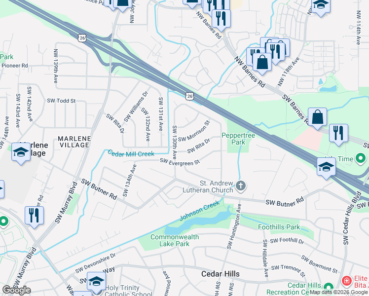 map of restaurants, bars, coffee shops, grocery stores, and more near 12935 Southwest Rita Drive in Beaverton
