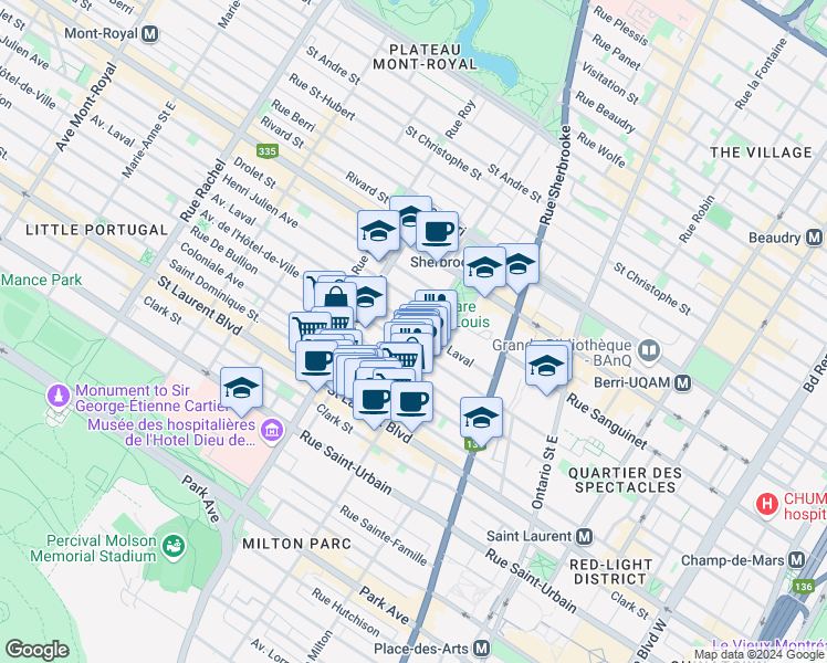 map of restaurants, bars, coffee shops, grocery stores, and more near 3642 Avenue Laval in Montréal