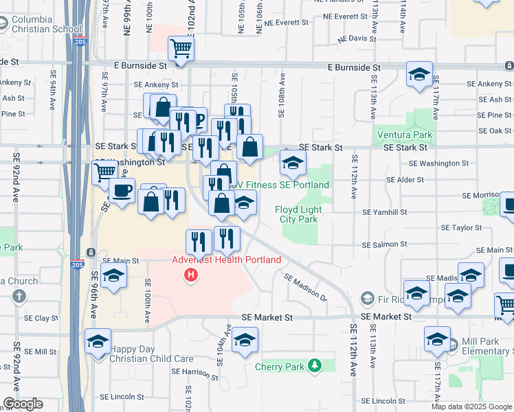 map of restaurants, bars, coffee shops, grocery stores, and more near 1031 Southeast 106th Avenue in Portland