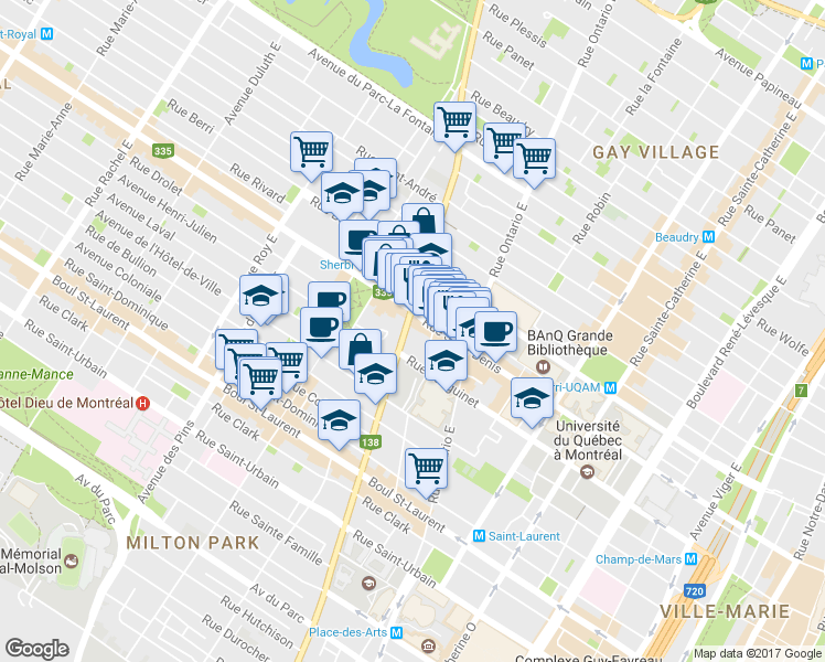 map of restaurants, bars, coffee shops, grocery stores, and more near 356 Rue Sherbrooke Est in Montréal