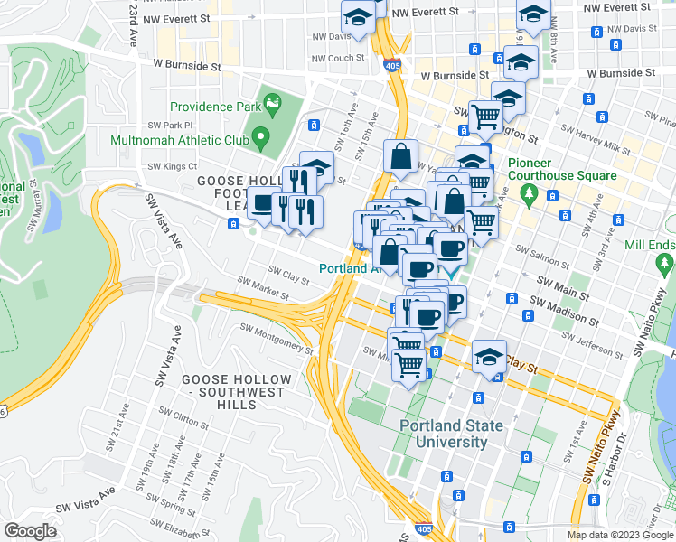 map of restaurants, bars, coffee shops, grocery stores, and more near Southwest Columbia Street & Southwest 14th Avenue in Portland
