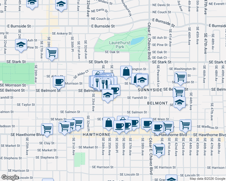 map of restaurants, bars, coffee shops, grocery stores, and more near Southeast Belmont Street & Southeast 35th Avenue in Portland
