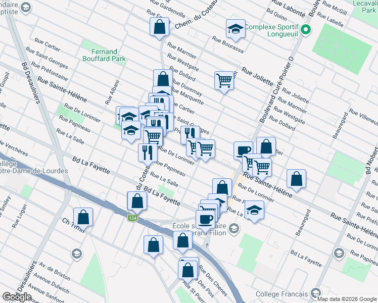 map of restaurants, bars, coffee shops, grocery stores, and more near 1618 Rue Sainte-Hélène in Longueuil