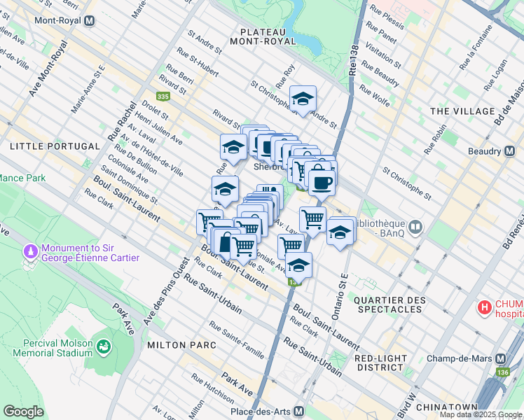 map of restaurants, bars, coffee shops, grocery stores, and more near 255 Rue du Square Saint Louis in Montreal