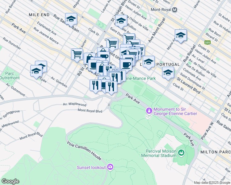 map of restaurants, bars, coffee shops, grocery stores, and more near 385 Avenue du Mont-Royal Ouest in Montréal
