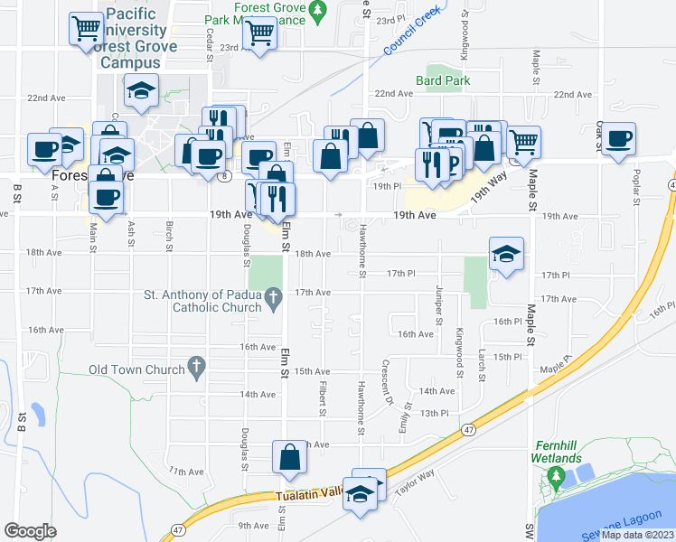 map of restaurants, bars, coffee shops, grocery stores, and more near 2619 17th Place in Forest Grove
