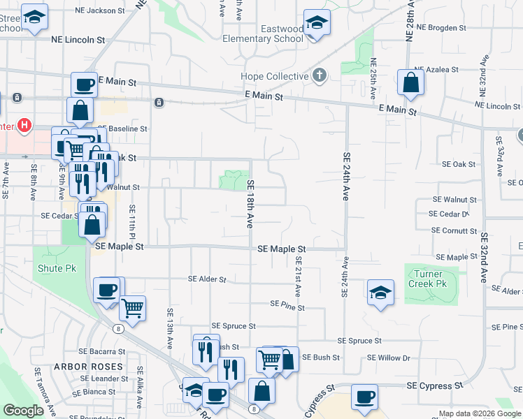 map of restaurants, bars, coffee shops, grocery stores, and more near 596 Southeast 18th Avenue in Hillsboro