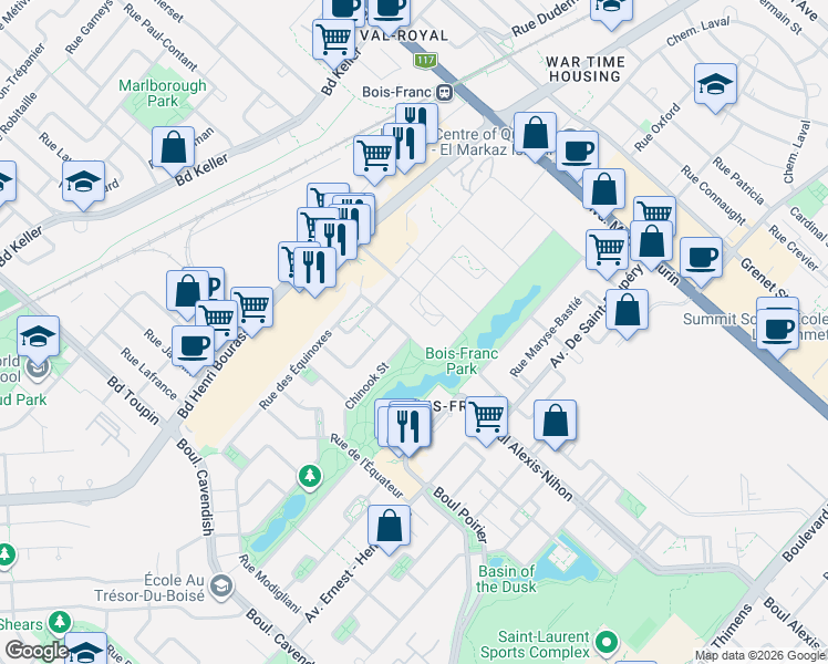 map of restaurants, bars, coffee shops, grocery stores, and more near 2221 Rue des Montérégiennes in Montréal