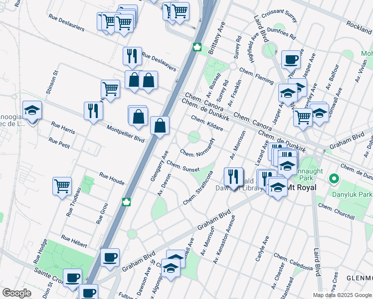 map of restaurants, bars, coffee shops, grocery stores, and more near 175 Chemin Normandy in Mont-Royal