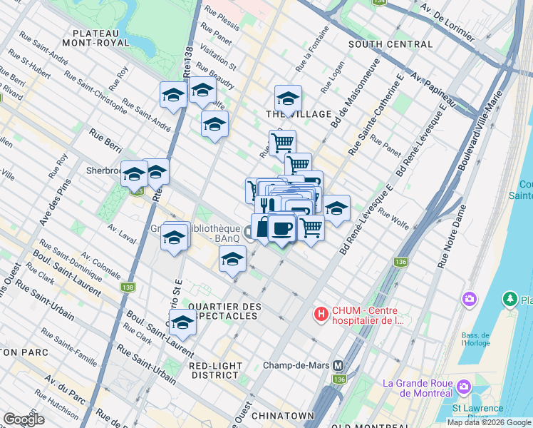 map of restaurants, bars, coffee shops, grocery stores, and more near 1583 Rue Saint-Hubert in Montréal