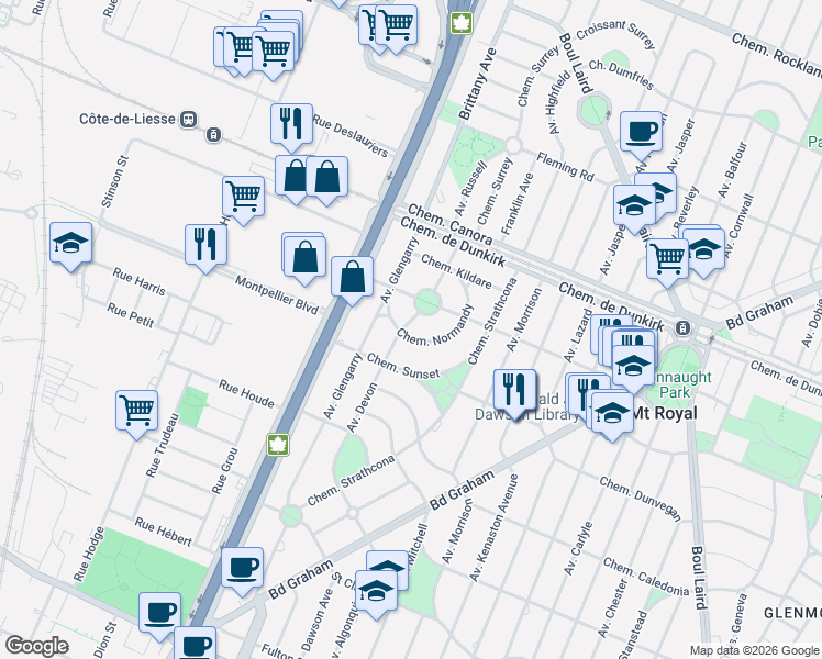 map of restaurants, bars, coffee shops, grocery stores, and more near 175 Chemin Normandy in Mont-Royal