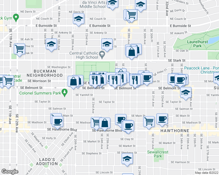 map of restaurants, bars, coffee shops, grocery stores, and more near SE Belmont St & SE 25th Ave in Portland