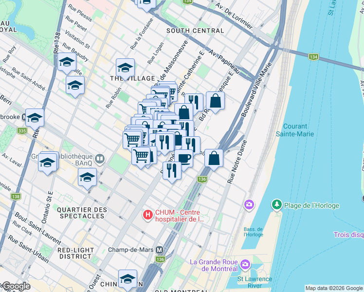 map of restaurants, bars, coffee shops, grocery stores, and more near 1110 Boulevard René-Lévesque Est in Montréal