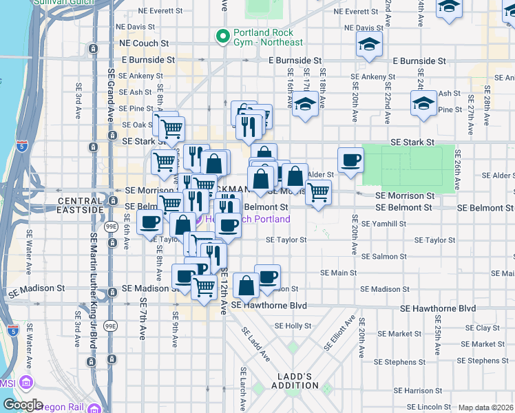 map of restaurants, bars, coffee shops, grocery stores, and more near SE Belmont St & SE 14th Ave in Portland