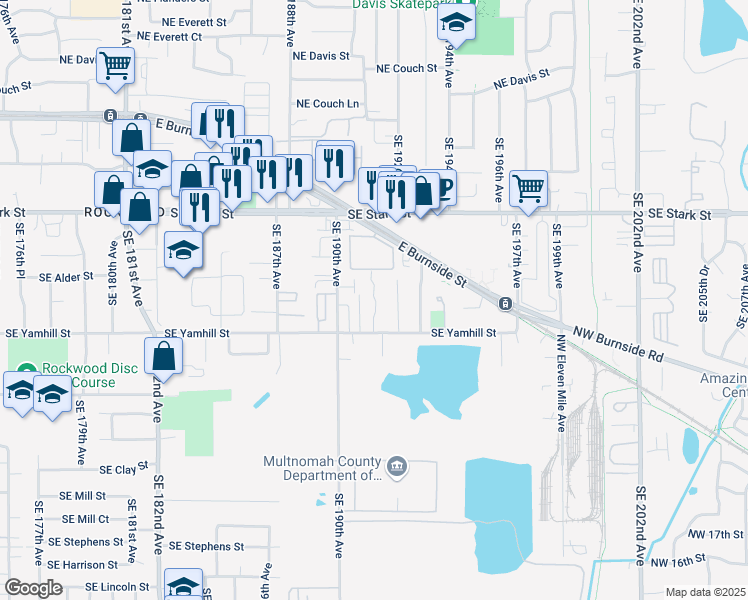 map of restaurants, bars, coffee shops, grocery stores, and more near 19109 Southeast Yamhill Street in Portland
