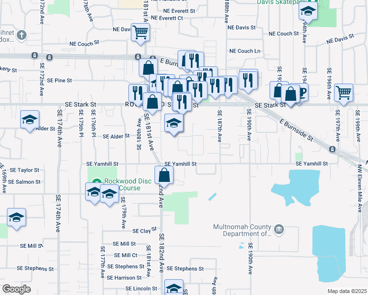 map of restaurants, bars, coffee shops, grocery stores, and more near 18427 Southeast Yamhill Street in Portland
