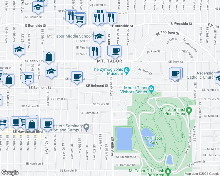 map of restaurants, bars, coffee shops, grocery stores, and more near 1001 Southeast 60th Avenue in Portland