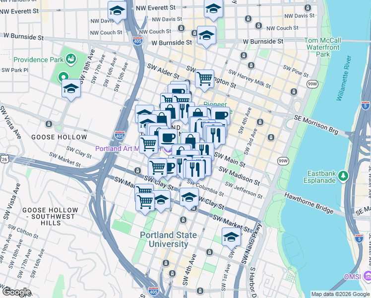 map of restaurants, bars, coffee shops, grocery stores, and more near 550 Southwest 10th Avenue in Portland