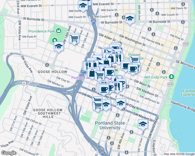map of restaurants, bars, coffee shops, grocery stores, and more near in Portland