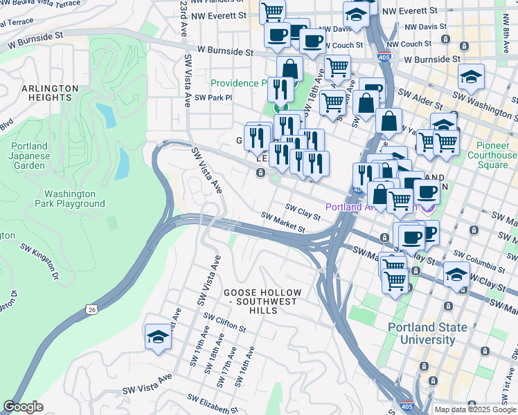 map of restaurants, bars, coffee shops, grocery stores, and more near 1824 Southwest Market Street in Portland