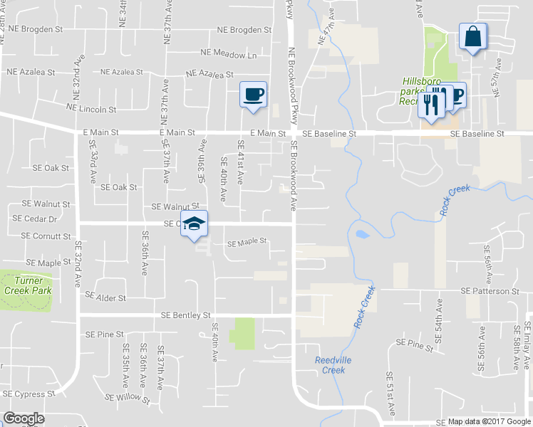 map of restaurants, bars, coffee shops, grocery stores, and more near 4264 Southeast Cedar Street in Hillsboro