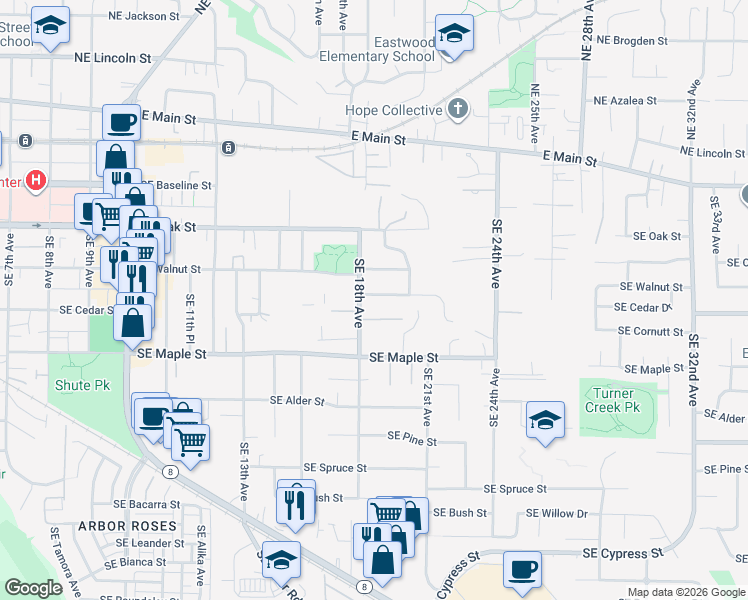 map of restaurants, bars, coffee shops, grocery stores, and more near 596 Southeast 18th Avenue in Hillsboro