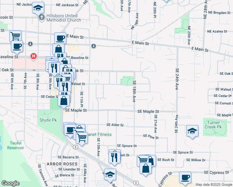 map of restaurants, bars, coffee shops, grocery stores, and more near 1535 Southeast Maple Street in Hillsboro
