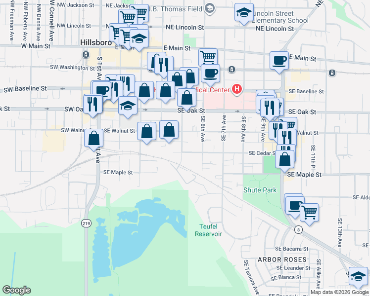 map of restaurants, bars, coffee shops, grocery stores, and more near 540 Southeast Cedar Street in Hillsboro