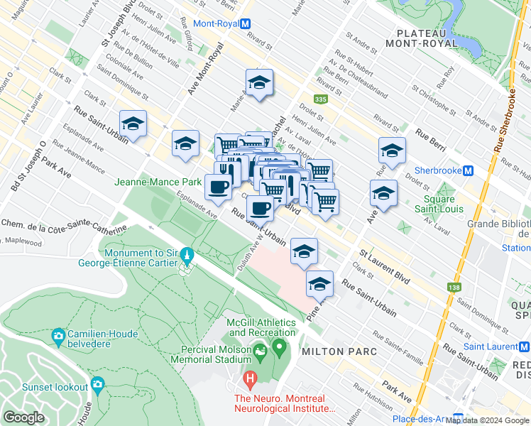 map of restaurants, bars, coffee shops, grocery stores, and more near 4074 Rue Clark in Montréal