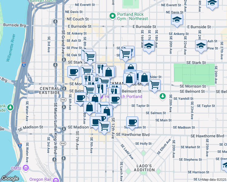 map of restaurants, bars, coffee shops, grocery stores, and more near SE Belmont St & SE 12th Ave in Portland
