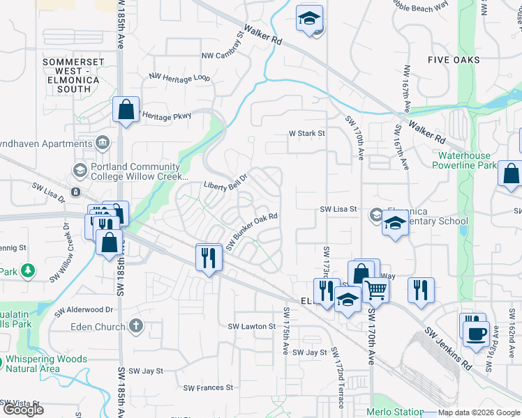 map of restaurants, bars, coffee shops, grocery stores, and more near 17656 Southwest Middlesex Way in Beaverton