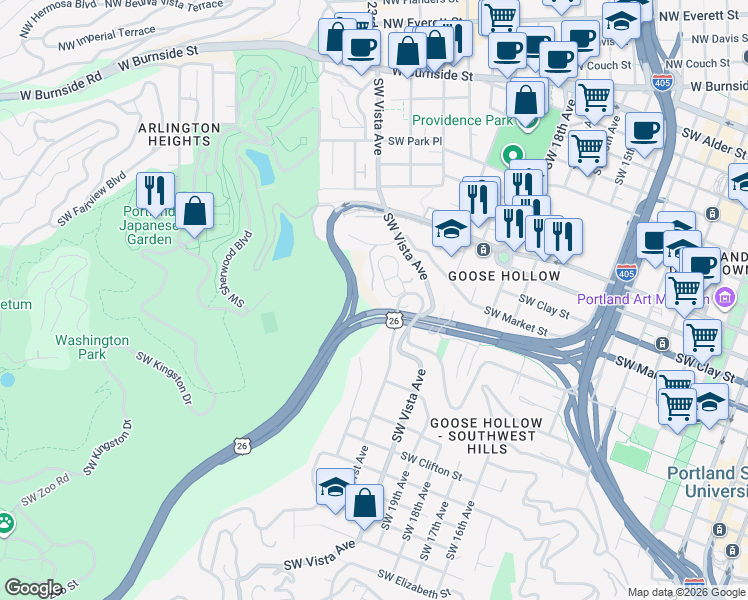 map of restaurants, bars, coffee shops, grocery stores, and more near 1746 Southwest Ford Street Drive in Portland