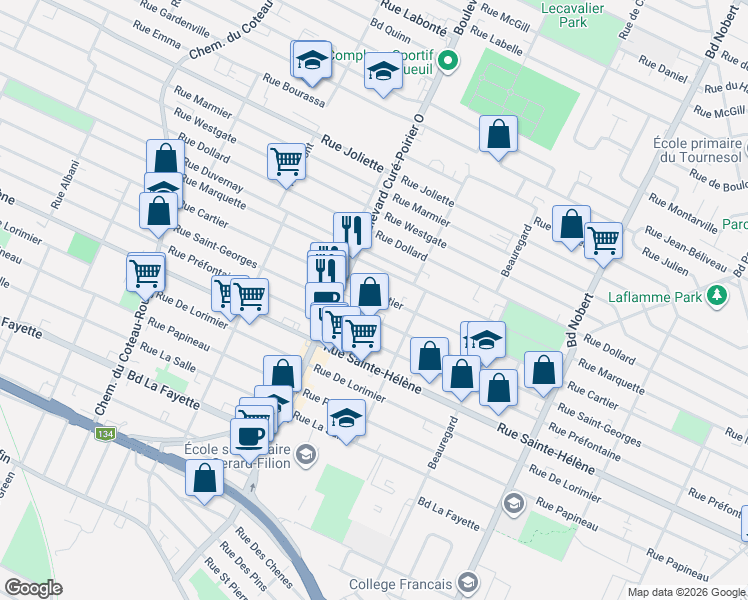 map of restaurants, bars, coffee shops, grocery stores, and more near 1954 Rue Cartier in Longueuil