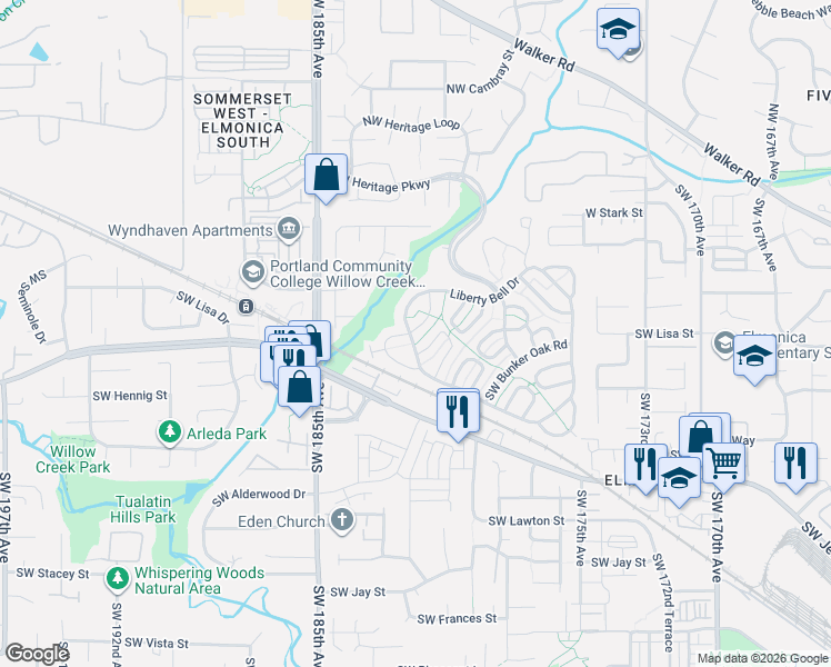 map of restaurants, bars, coffee shops, grocery stores, and more near 540 Southwest Liberty Bell Drive in Beaverton
