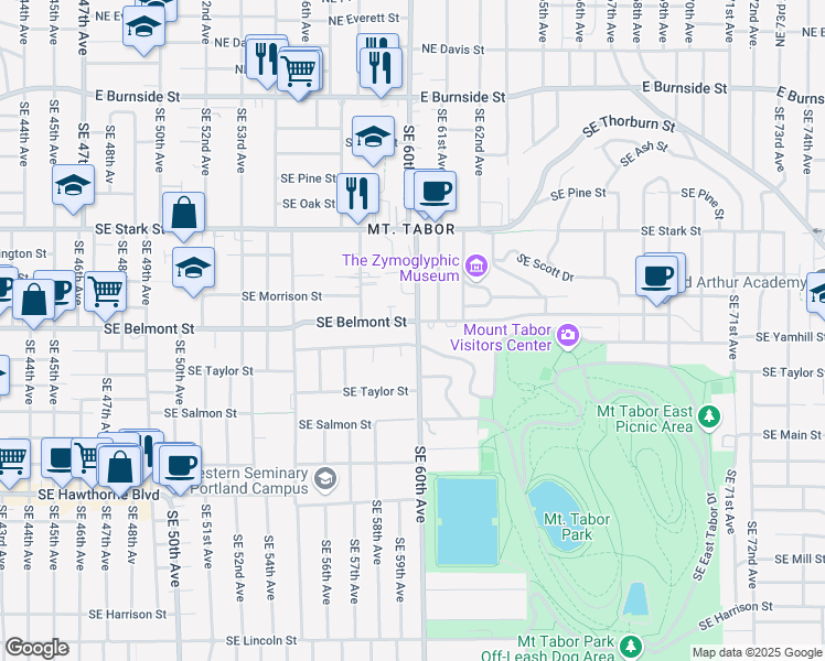 map of restaurants, bars, coffee shops, grocery stores, and more near 911 Southeast 60th Avenue in Portland