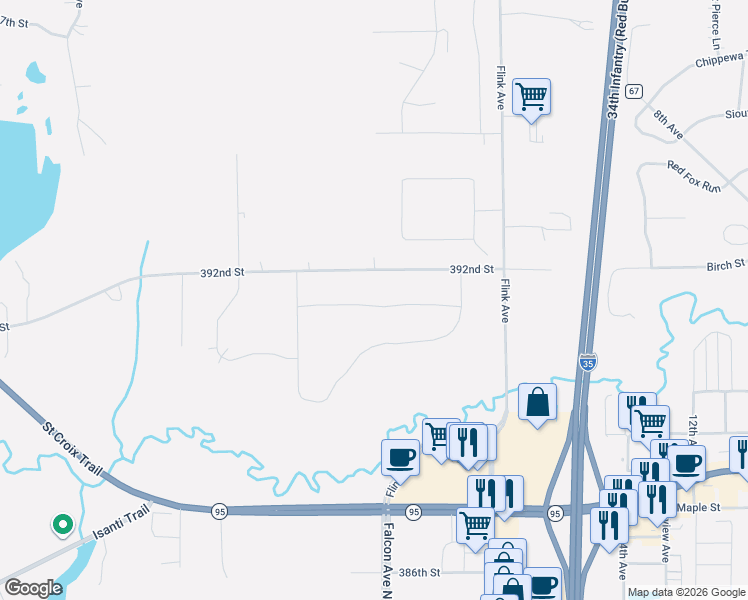 map of restaurants, bars, coffee shops, grocery stores, and more near 5303 391st Street in North Branch