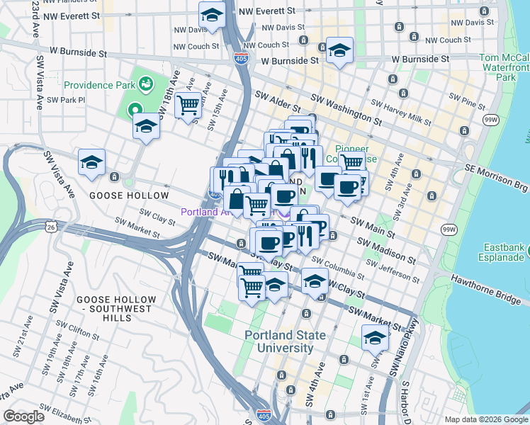 map of restaurants, bars, coffee shops, grocery stores, and more near 1221 Southwest 10th Avenue in Portland