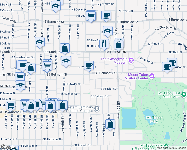map of restaurants, bars, coffee shops, grocery stores, and more near 5528 Southeast Belmont Street in Portland
