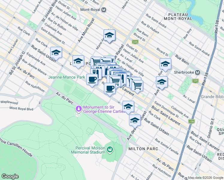 map of restaurants, bars, coffee shops, grocery stores, and more near 4074 Rue Clark in Montréal