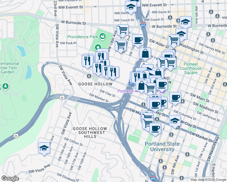 map of restaurants, bars, coffee shops, grocery stores, and more near 1425 Southwest Clay Street in Portland