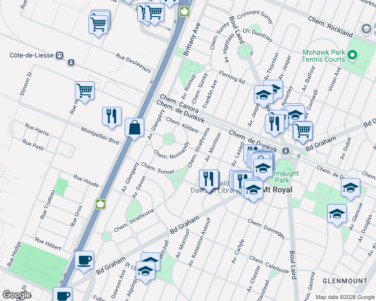 map of restaurants, bars, coffee shops, grocery stores, and more near in Mount Royal